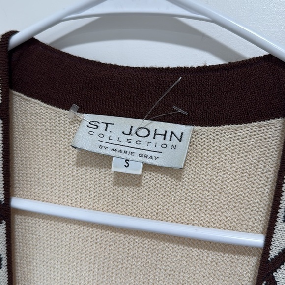 Vintage St. John Cream Black Open Cardigan Sweater Shirt Geometric Pockets Small - Picture 3 of 7